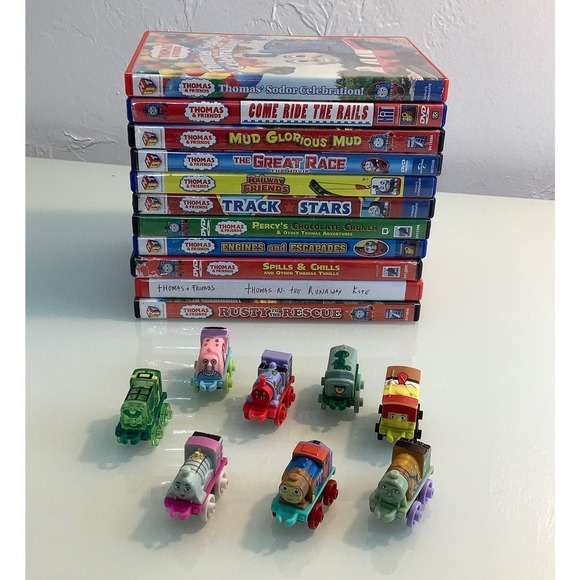Thomas & Friends 11 DVD bundle with 8 trains toys EUC - Picture 1 of 8